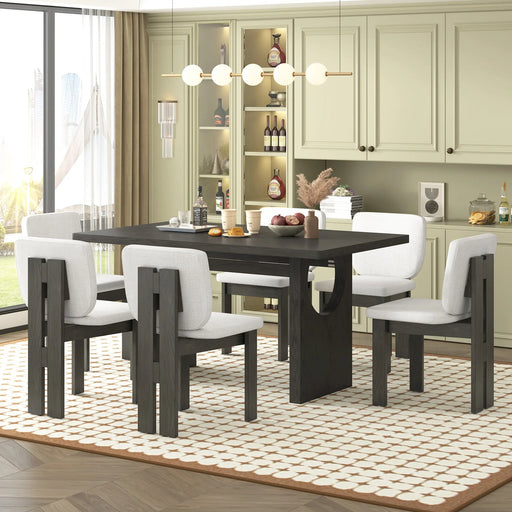 TREXM 7-Piece Retro Dining Table Set for 6, 60' Wood Dining Table Set for 6 with Upholstered Chairs and Designed Trestle Base for kitchen & Dining Room (Grey) Glass House Furnishings