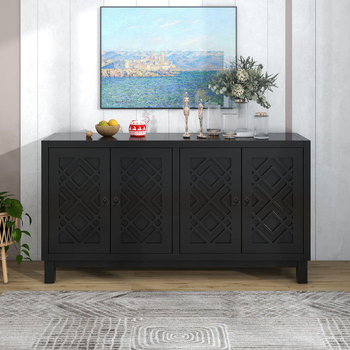 TREXM Large Storage Space Sideboard, 4 Door Buffet Cabinet with Pull Ring Handles for Living Room, Dining Room (Black)