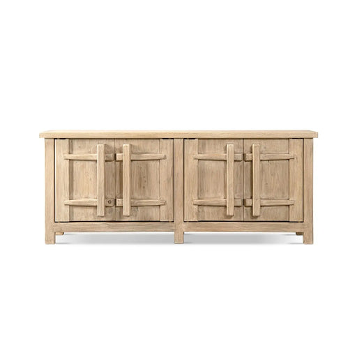Rowan 91' Reclaimed Pine 4-Door Crossbar Sideboard Cabinet Heritage Light Natural Brown Glass House Furnishings