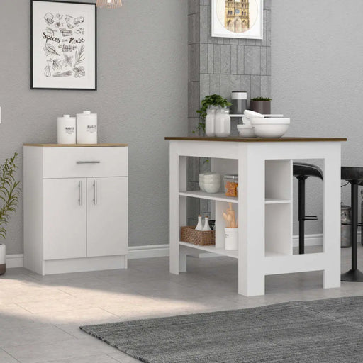 2 Piece Kitchen Set, Kitchen Island + Pantry Cabinet , White /Walnut /Light Oak Glass House Furnishings