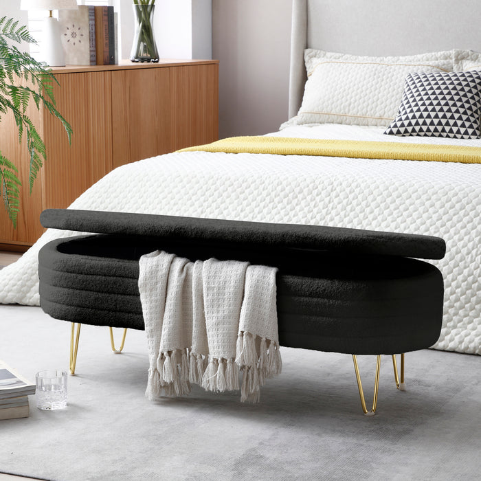 46.9" Width Oval Storage Bench with Gold Legs,Teddy Fabric Upholstered Ottoman Storage Benches for Bedroom End of Bed,Sherpa Fabric Bench for Living Room,Dining Room,Entryway,Bed Side,Black