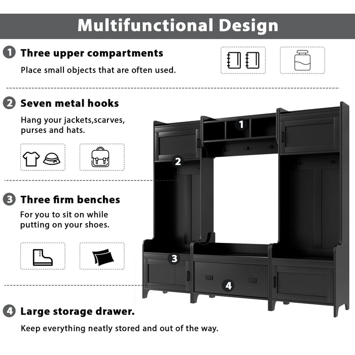 ON-TREND Modern Style 4-in-1 Multiple Functions Hallway Coat Rack with Seven Metal Black Hooks, Entryway Bench Hall Tree with Ample Storage Drawer, Black (Old SKU: SD000006AAB)