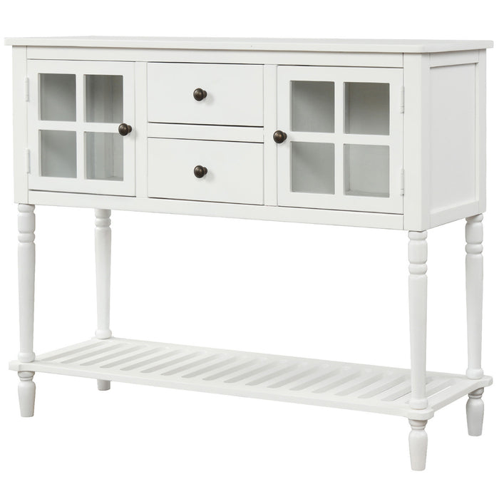 TREXM Sideboard Console Table with Bottom Shelf, Farmhouse Wood/Glass Buffet Storage Cabinet Living Room (White)