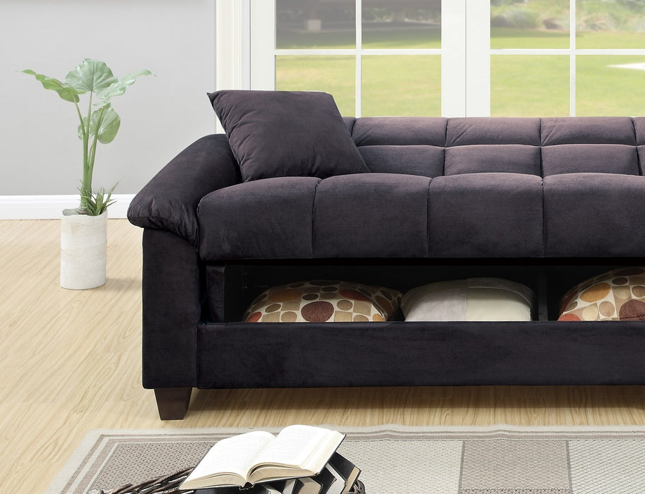 Contemporary Living Room Adjustable Sofa, Ebony Microfiber Couch With Plush Storage & Pillows, Futon Sofa