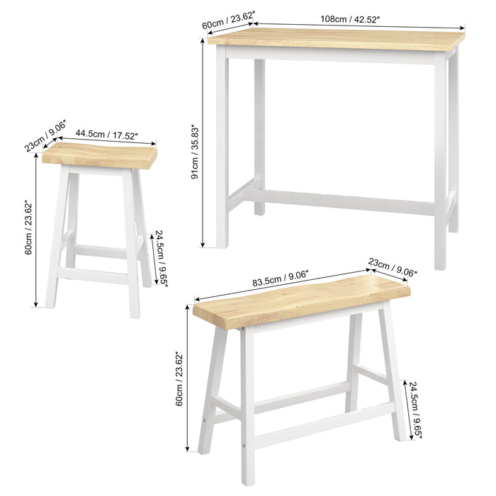 Modern 4-Piece Rubber Wood Bar Dining Table Set, Kitchen Bistro Counter Height Table with Bench, Stool - Natural & White