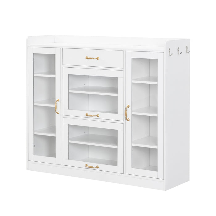 ON-TREND Modernist Side Cabinet with 4 Glass Doors & 3 Hooks, Freestanding Shoe Rack with Multiple Adjustable Shelves, Versatile Display Cabinet with Gold Handles for Hallway, Living Room, White