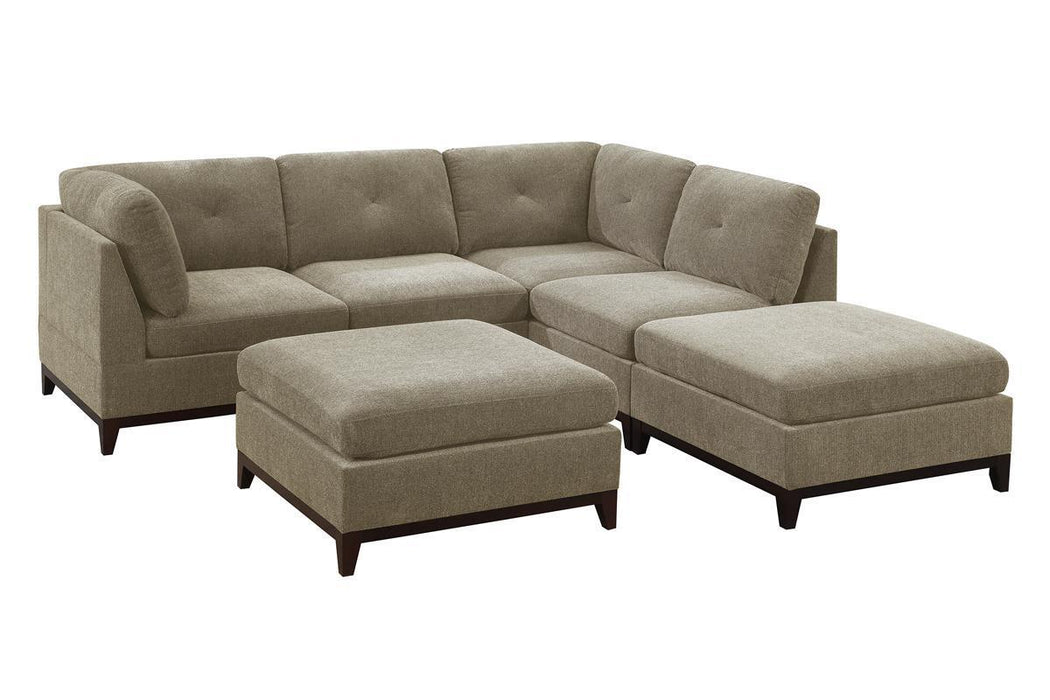 Camel Chenille Fabric Modular Sectional 6pc Set Living Room Furniture Corner L-Sectional Couch 2x Corner Wedge 2x Armless Chairs and 2x Ottomans Tufted Back Exposed Wooden Base