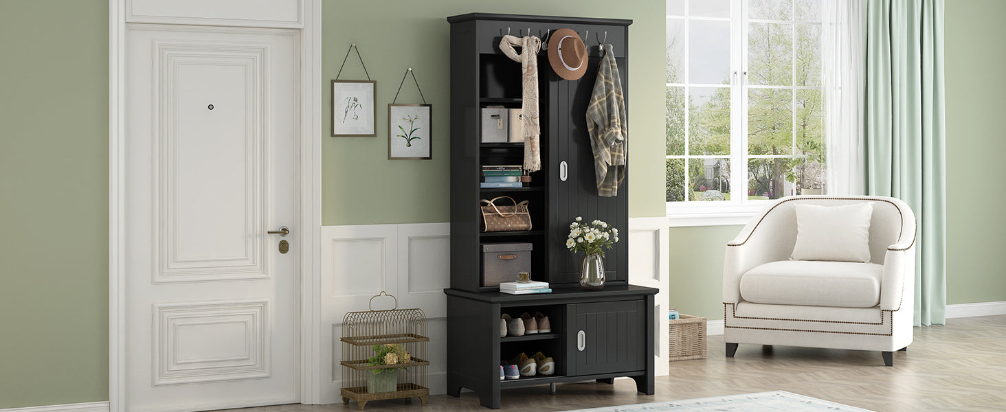 ON-TREND Multifunctional Hall Tree with Sliding Doors, Wooden Hallway Shoe Cabinet with Storage Bench and Shelves, Mudroom Coat Storage with Hanging Hooks for Entryways, Black