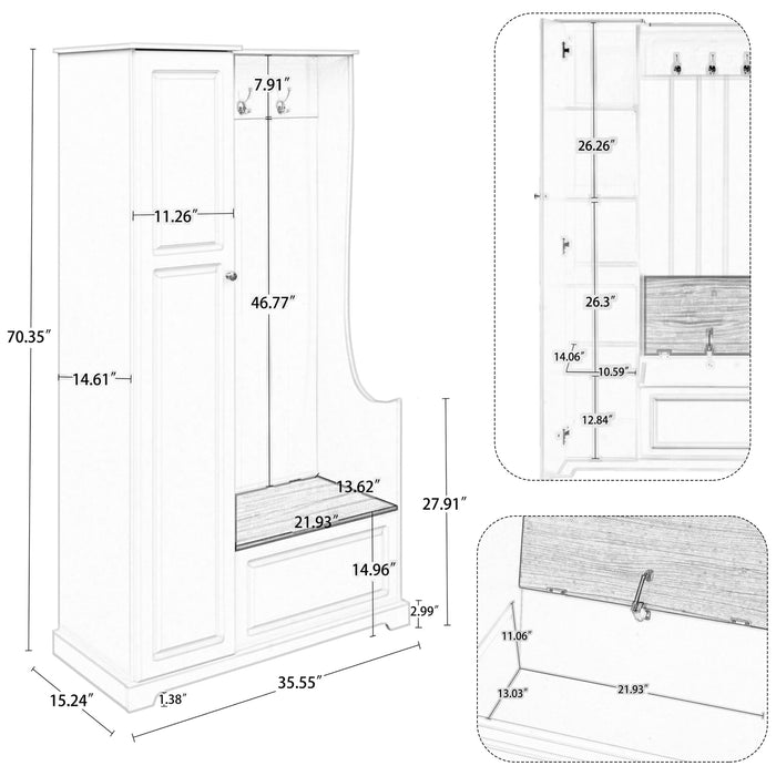 ON-TREND Stylish Design Hall Tree with Flip-Up Bench, Minimalist Hallway Shoe Cabinet with Adjustable Shelves, Multifunctional Furniture with Hanging Hooks for Entryways, Mudroom, White