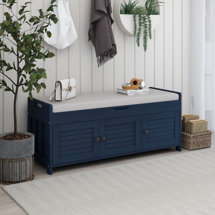 TREXM Storage Bench with 3 Shutter-shaped Doors, Shoe Bench with Removable Cushion and Hidden Storage Space (Antique Navy, OLD SKU: WF284226AAM)