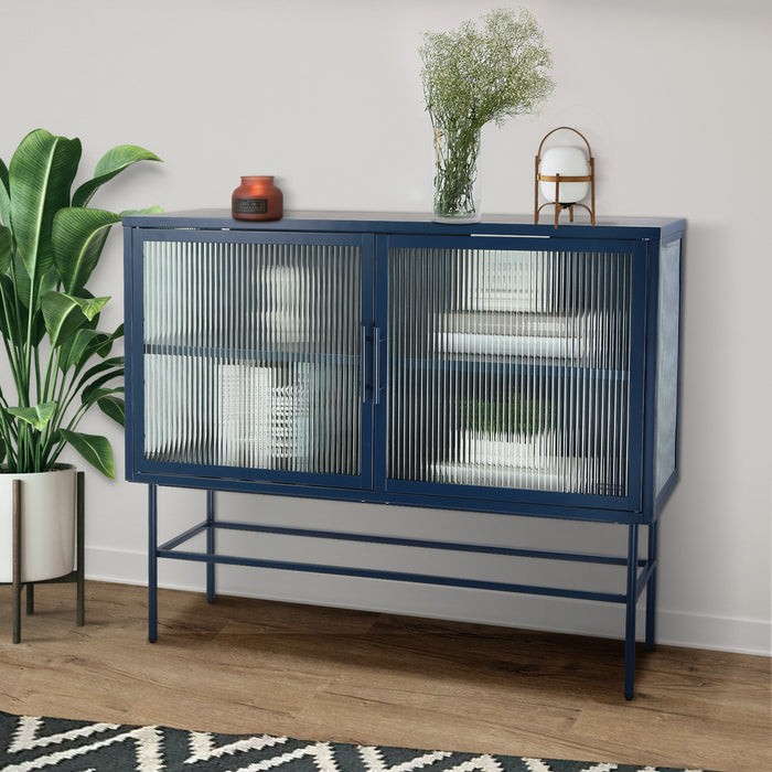 Double Door Tempered Glass Sideboard Console Table with 2 Fluted Glass Doors Adjustable Shelf and Feet Anti-Tip Dust-free Kitchen Credenza Cabinet Blue