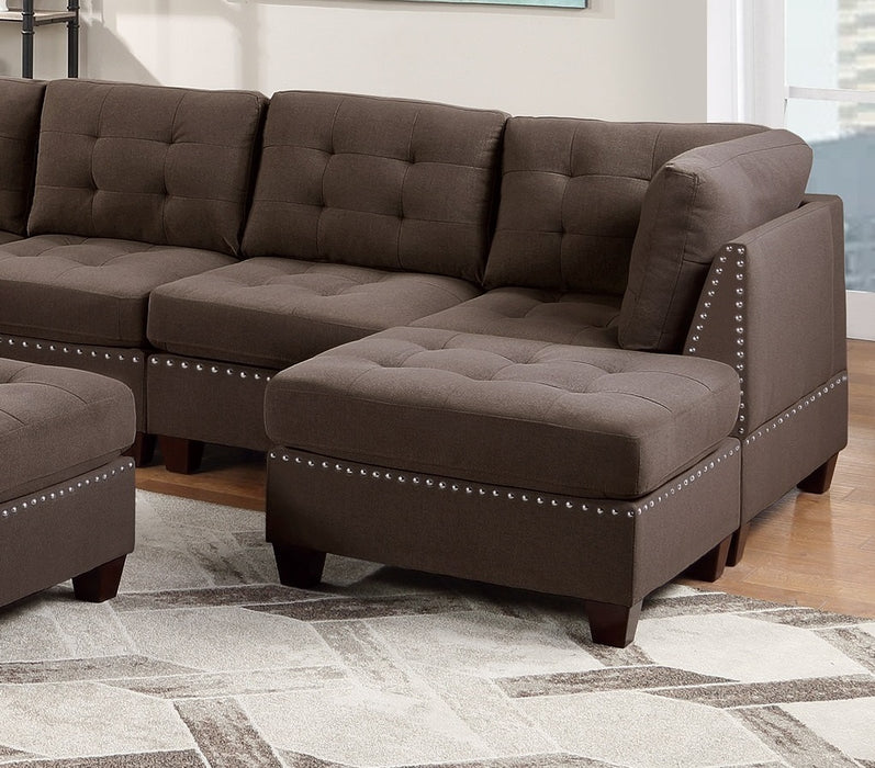 Contemporary Modular Sectional 8pc Set Living Room Furniture Corner L-Sectional Black Coffee Linen Like Fabric Tufted Nail heads 3x Corner Wedge 3x Armless Chair and 2x Ottoman