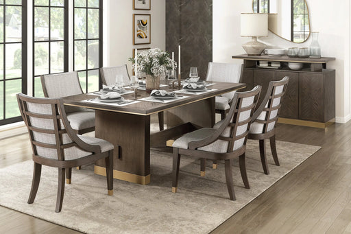 Modern Luxury Brown Finish 7pc Dining Set Extension Dining Table and 6x Armchairs Set Gold Tipping Upholstered Dining Kitchen Furniture Glass House Furnishings