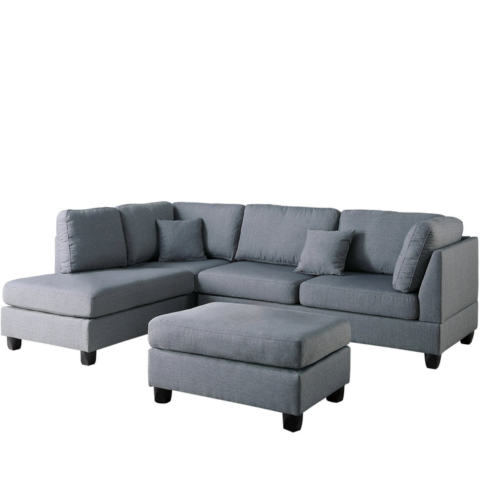 Grey 3-Piece Sectional Living Room Furniture Set, Reversible Chaise Sofa and Ottoman with Polyfiber Linen-Like Fabric Cushion Couch