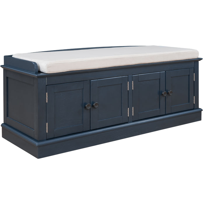 TREXM Storage Bench with 4 Doors and Adjustable Shelves, Shoe Bench with Removable Cushion for Living Room, Entryway, Antique Navy