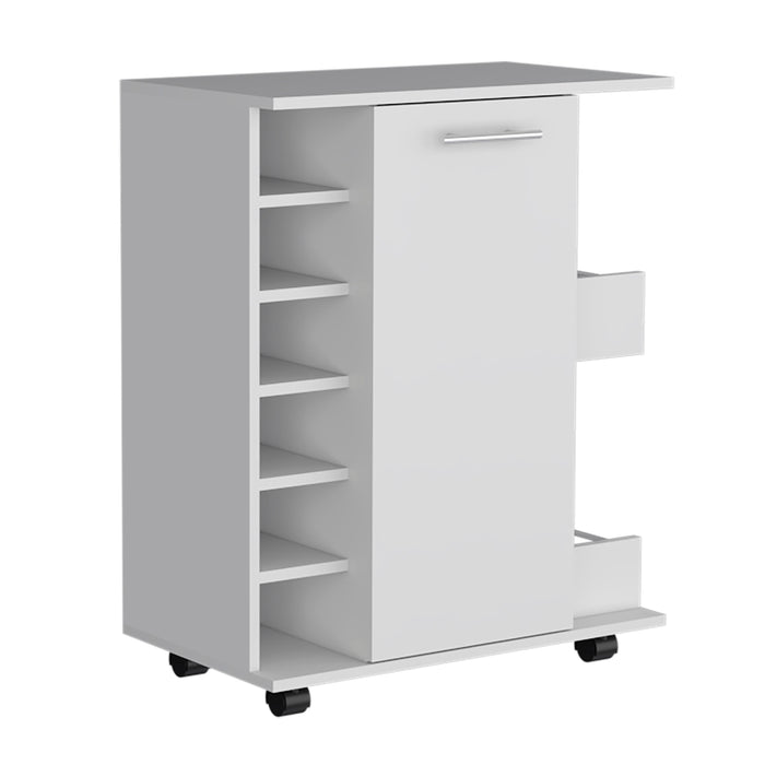 Bar Cart With 6-Wine Cubbies Cabot, 2-Side Storage Shelves & Casters, White