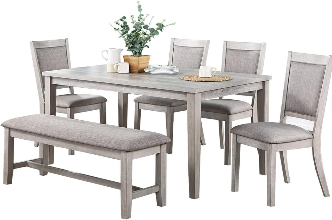 6-Piece Set, Contemporary Dining Table With 4-Side Chairs & Bench - Natural Finish, Padded Cushion Seats - Rectangular Dining Room Furniture