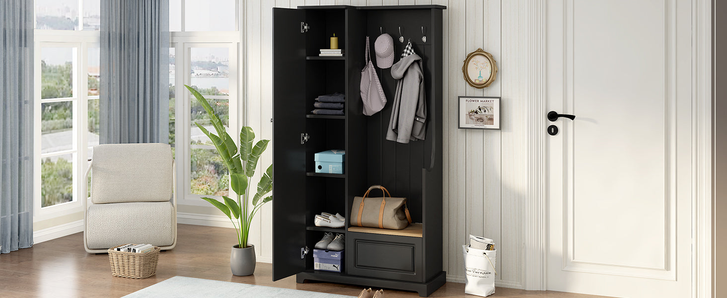 ON-TREND Stylish Design Hall Tree with Flip-Up Bench, Minimalist Hallway Shoe Cabinet with Adjustable Shelves, Multifunctional Furniture with Hanging Hooks for Entryways, Mudroom, Black