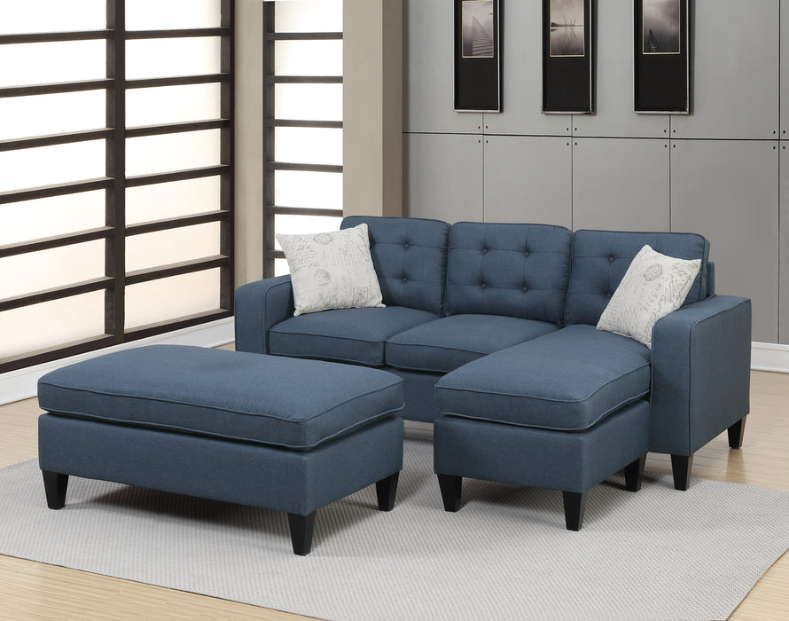 3-Piece Reversible Sectional Sofa Set with Navy Tufted Polyfiber, Wood Legs, Chaise Sofa, Ottoman, Pillows, and Cushion Couch