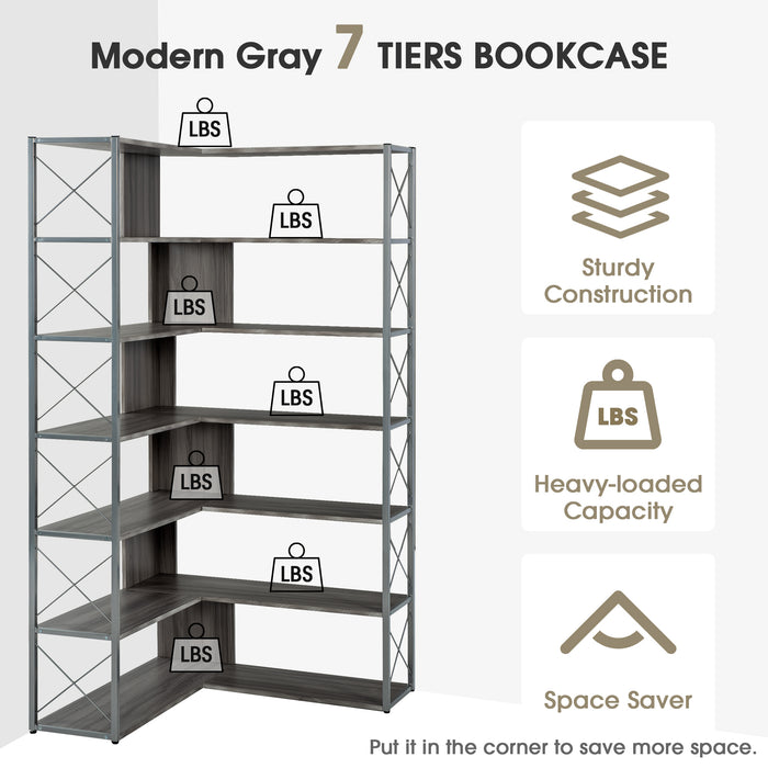 7-Tier L-Shaped Corner Bookcase, Industrial Style with Metal Frame and Open Storage Shelves, Perfect for Home Office - MDF Board, Silver + Grey