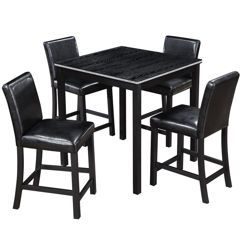 5PCs Counter Height Table Set, Wooden Kitchen Table Set with Square Table and 4 Upholstered Chairs, Counter Height Dining Table with Crystal Decoration and Chair Set for Kitchen, Dining Room, Black Glass House Furnishings