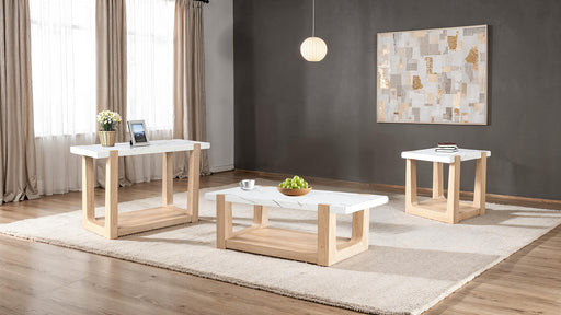 Modern contemporary Style 3pc Table Set 1x Coffee Table 1x End Table 1x Sofa Table Faux Marble Top Two Tone Design Natural And White Finish Glass House Furnishings