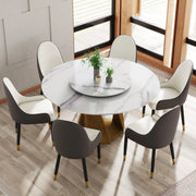 59.05' Round Marble Dining Table with Bronze Iron Metal Base with 6 Dinning Chairs, 31.5'White Artificial Stone Turntable,White Glass House Furnishings