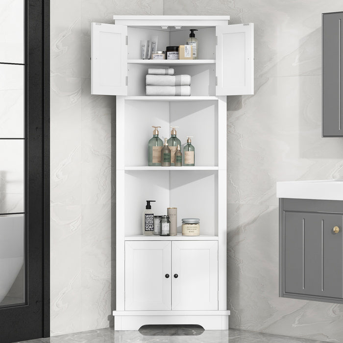 Tall Bathroom Storage Cabinet, Corner Cabinet with Doors and Adjustable Shelf, MDF Board, White