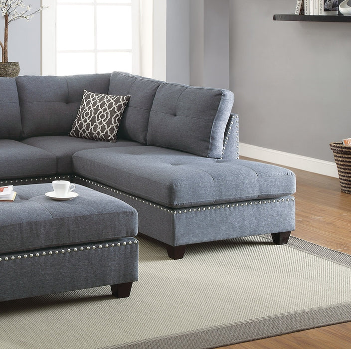 3-Pc Sectional Sofa with Blue Grey Polyfiber Chaise Ottoman & Pillows