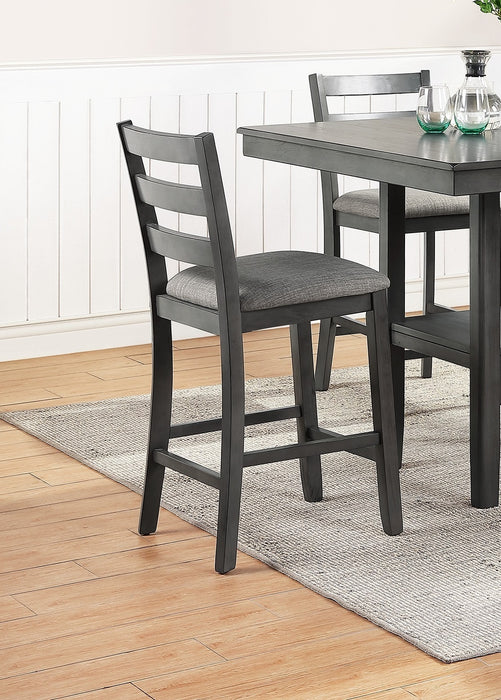 Counter Height 5-Piece Set Classic Dining Room Furniture, Gray Finish Square Dining Table With Shelves, Cushion Seat Ladder Back High Chairs - Solid Wood