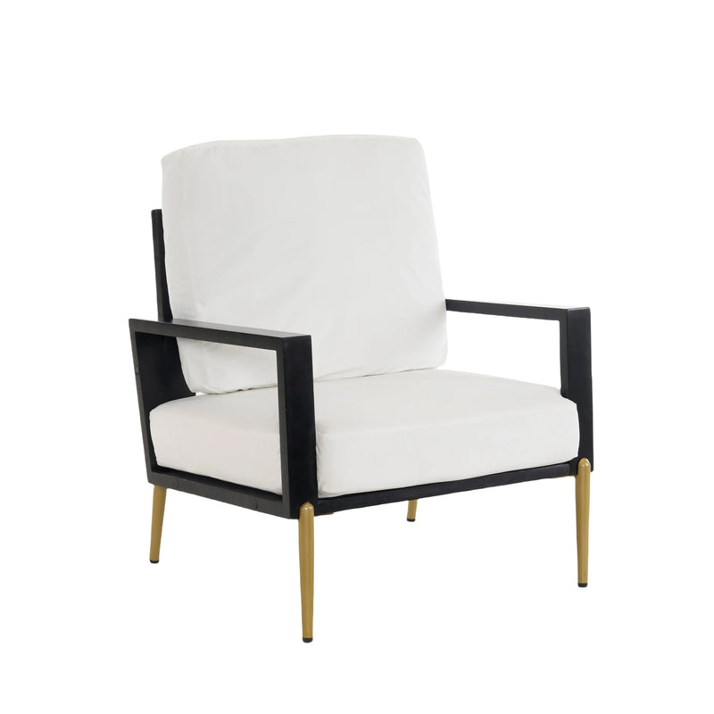 Mid-Century Modern Armchair with Solid Wood Frame, Velvet Fabric Living Room Chair with Gold Metal Legs, White, for Balcony, Living Room, and Bedroom Glass House Furnishings