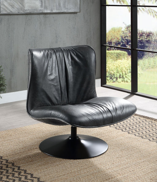 Piotr Black Top Grain Leather Accent Chair with Swivel Glass House Furnishings