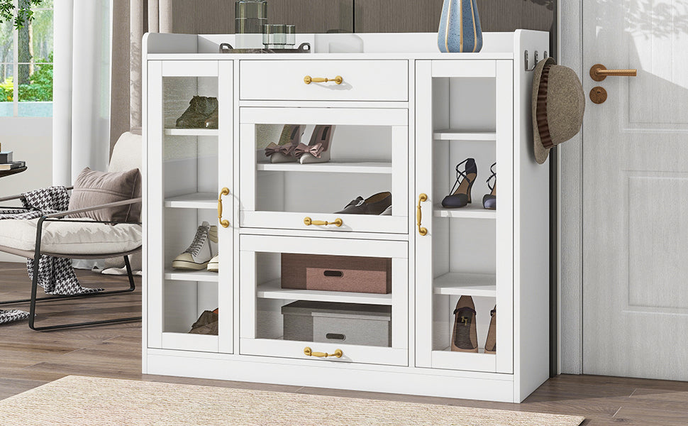 ON-TREND Modernist Side Cabinet with 4 Glass Doors & 3 Hooks, Freestanding Shoe Rack with Multiple Adjustable Shelves, Versatile Display Cabinet with Gold Handles for Hallway, Living Room, White