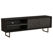 Manaya Charcoal Black 2-Door TV Stand with Open Shelving and Hidden Storage, Wood Construction, 70-Inch Wide Glass House Furnishings