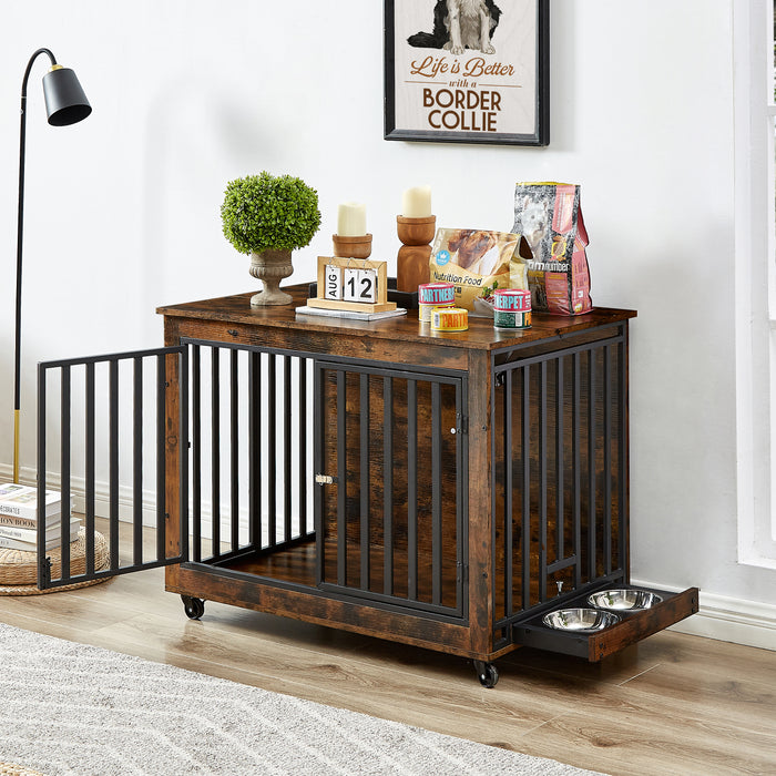 Furniture Style Dog Crate Side Table With Feeding Bowl, Wheels, Three Doors, Flip-Up Top Opening. Indoor, Rustic Brown, 38.58"W x 25.2"D x 27.17"H