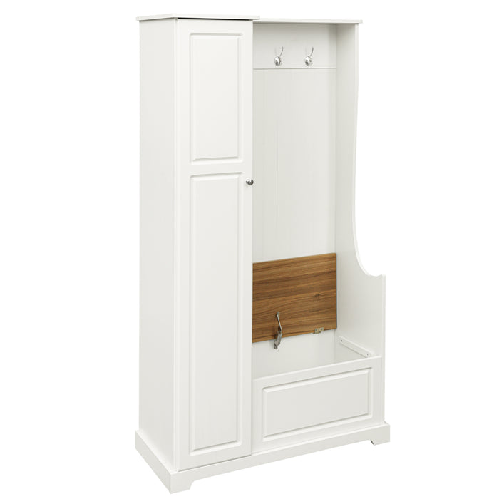 ON-TREND Stylish Design Hall Tree with Flip-Up Bench, Minimalist Hallway Shoe Cabinet with Adjustable Shelves, Multifunctional Furniture with Hanging Hooks for Entryways, Mudroom, White