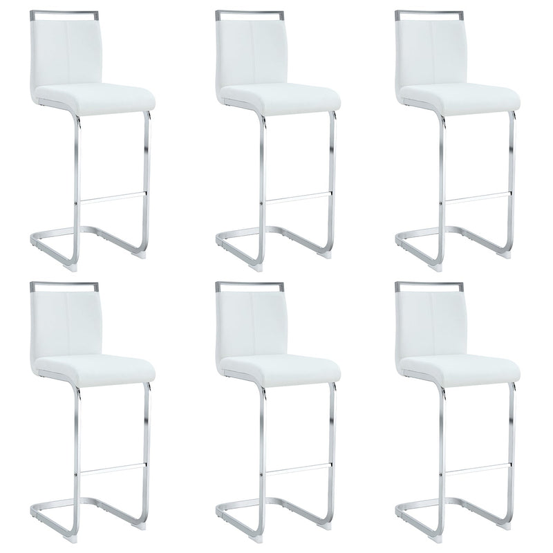Modern and beautiful bar stool upholstered in PU leather with C-shaped silver metal legs for dining rooms, kitchens, terraces and guest office chairs.(set of 6) (white+PU) Glass House Furnishings