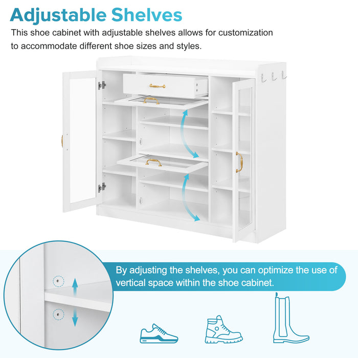 ON-TREND Modernist Side Cabinet with 4 Glass Doors & 3 Hooks, Freestanding Shoe Rack with Multiple Adjustable Shelves, Versatile Display Cabinet with Gold Handles for Hallway, Living Room, White