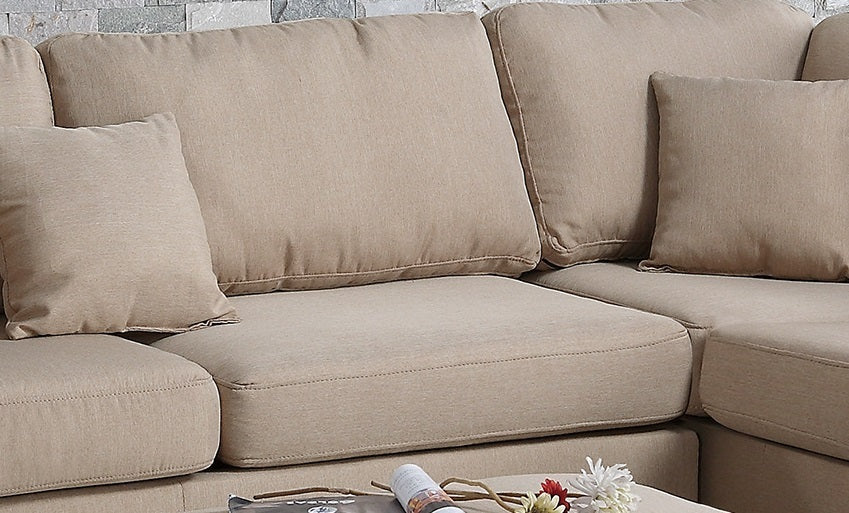 3-Piece Sectional Living Room Furniture Set with Reversible Chaise Sofa, Ottoman, and Polyfiber Linen-Like Fabric Cushion Couch, Sand Color