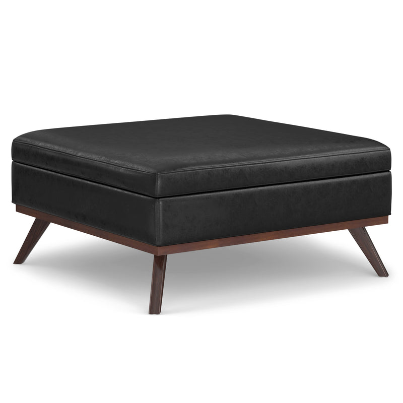 Owen Distressed Black Vegan Leather Oversized Coffee Table Ottoman Glass House Furnishings
