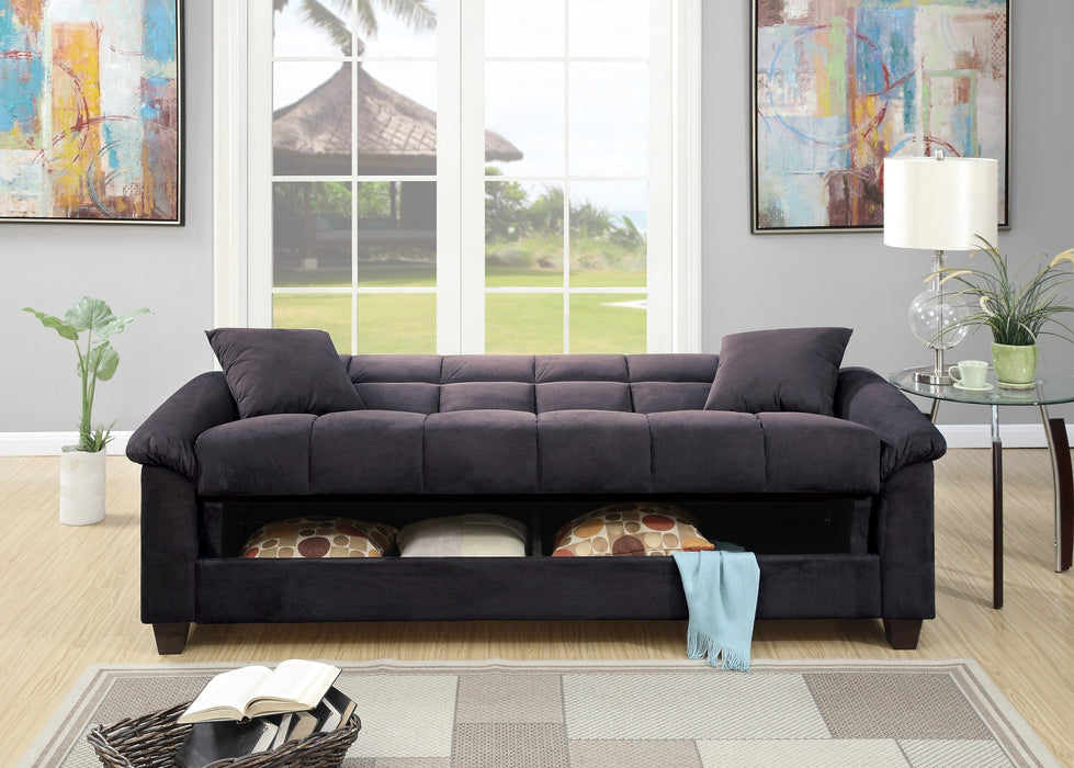 Contemporary Living Room Adjustable Sofa, Ebony Microfiber Couch With Plush Storage & Pillows, Futon Sofa