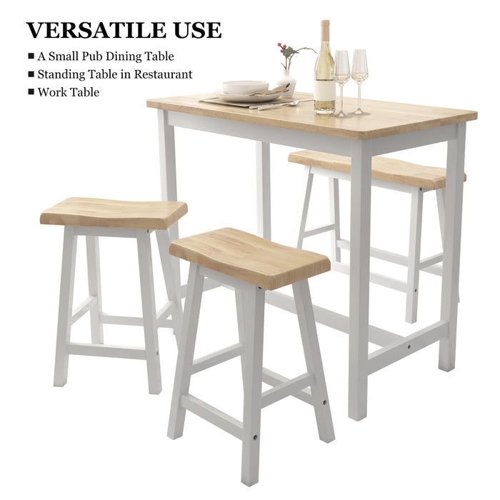 Modern 4-Piece Rubber Wood Bar Dining Table Set, Kitchen Bistro Counter Height Table with Bench, Stool - Natural & White