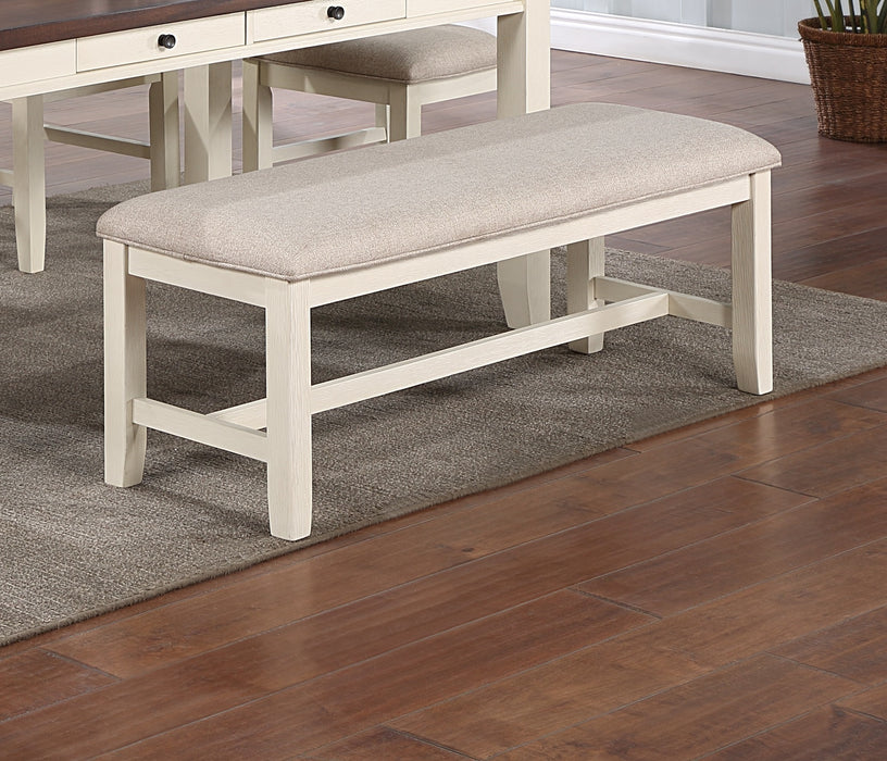 White Classic Rubberwood Bench with Beige Fabric Cushion Seat - Dining Room Furniture