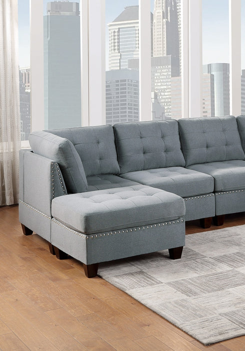 Modular Sectional 6pc Set Living Room Furniture U-Sectional Tufted Nail heads Couch Gray Linen Like Fabric 2x Corner Wedge 2x Armless Chairs and 2x Ottomans