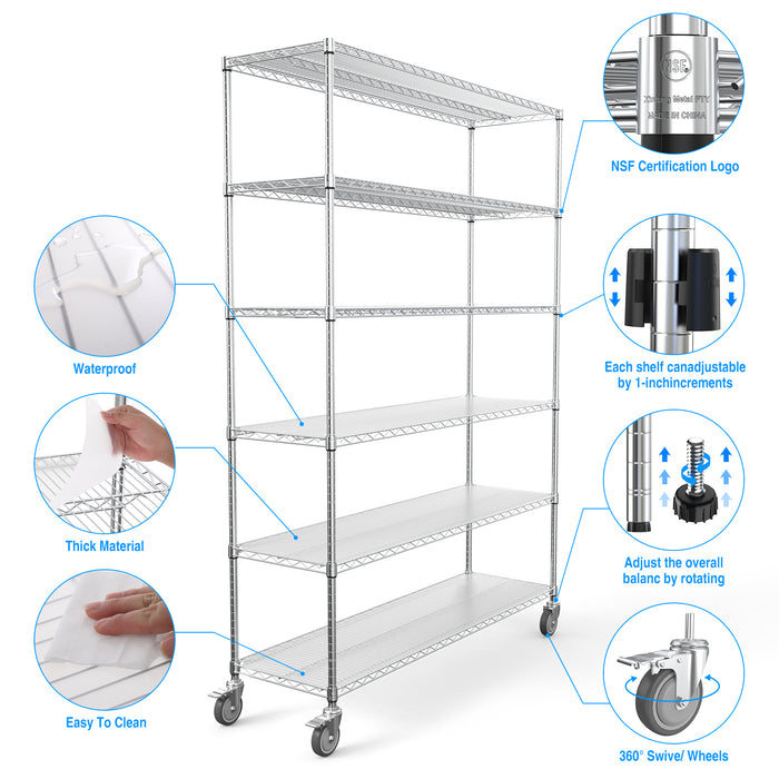 6 Tier Wire Shelving Unit, 6000 LBS NSF Height Adjustable Metal Garage Storage Shelves with Wheels, Heavy Duty Storage Wire Rack Metal Shelves - Chrome - 186082