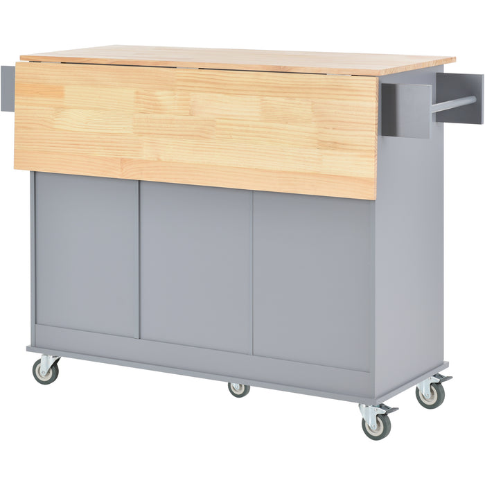 Rolling Mobile Kitchen Island with Solid Wood Top and Locking Wheels, 52.7 Inch Width, Storage Cabinet and Drop Leaf Breakfast Bar, Spice Rack, Towel Rack & Drawer - Grey Blue