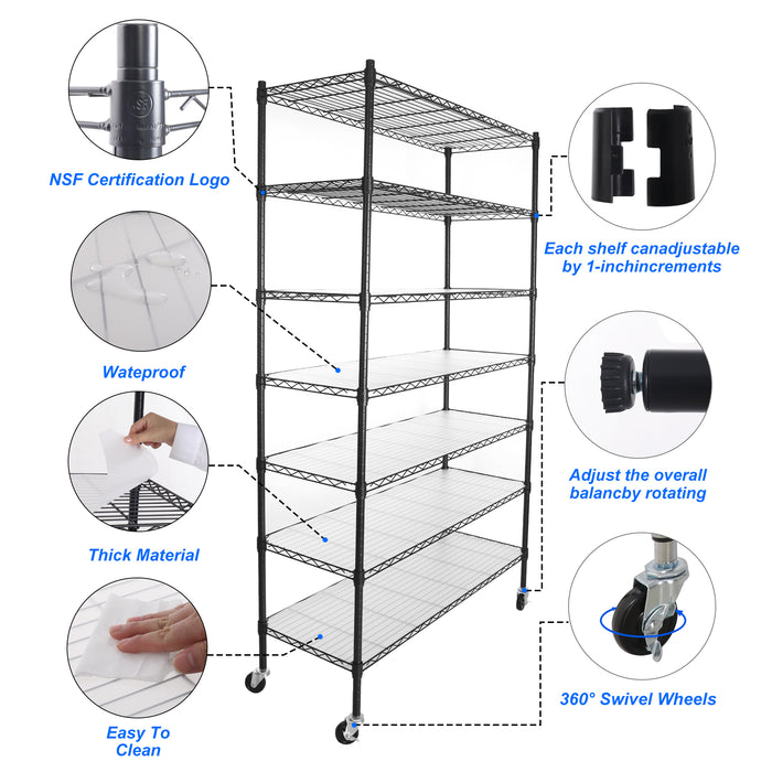 7 Tier Wire Shelving Unit, 2450 LBS NSF Height Adjustable Metal Garage Storage Shelves with Wheels, Heavy Duty Storage Wire Rack Metal Shelves - Black