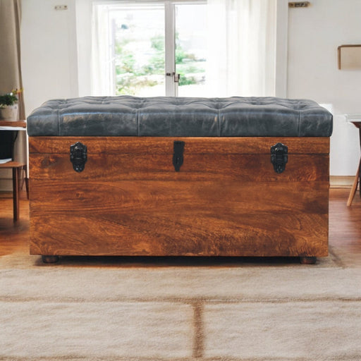 Benson Black Leather Wood Storage Trunk | Glass House Furnishings