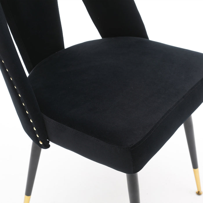 Set of 2 Modern Velvet Upholstered Dining Chairs With Nailheads & Gold Tipped Black Metal Legs, Black