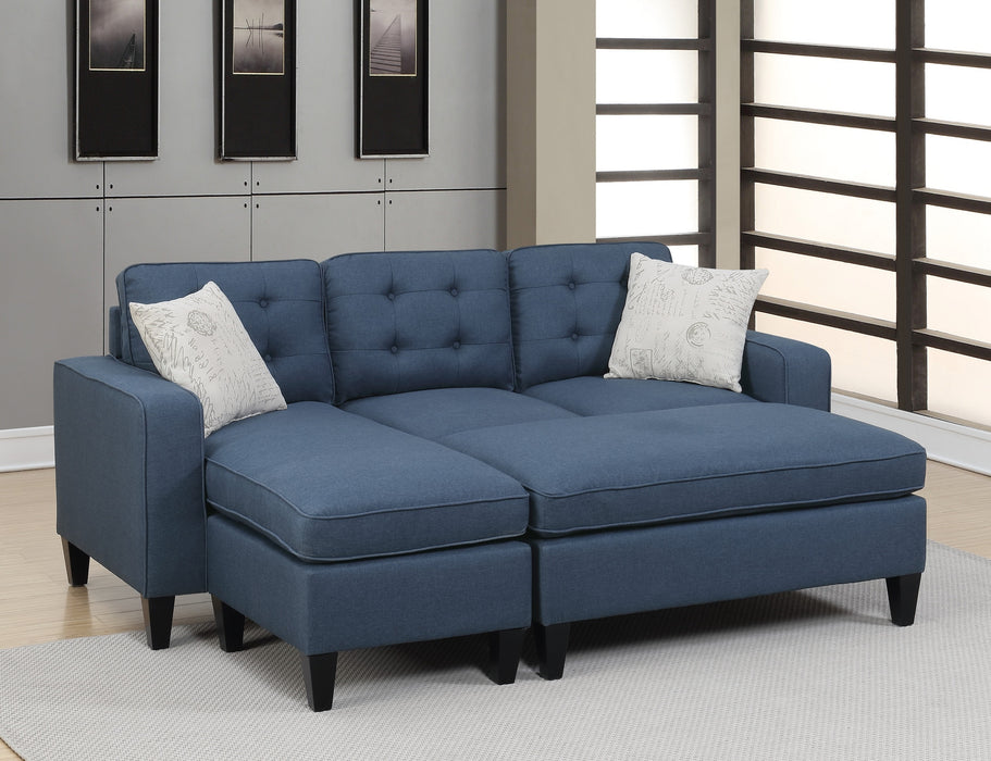 3-Piece Reversible Sectional Sofa Set with Navy Tufted Polyfiber, Wood Legs, Chaise Sofa, Ottoman, Pillows, and Cushion Couch